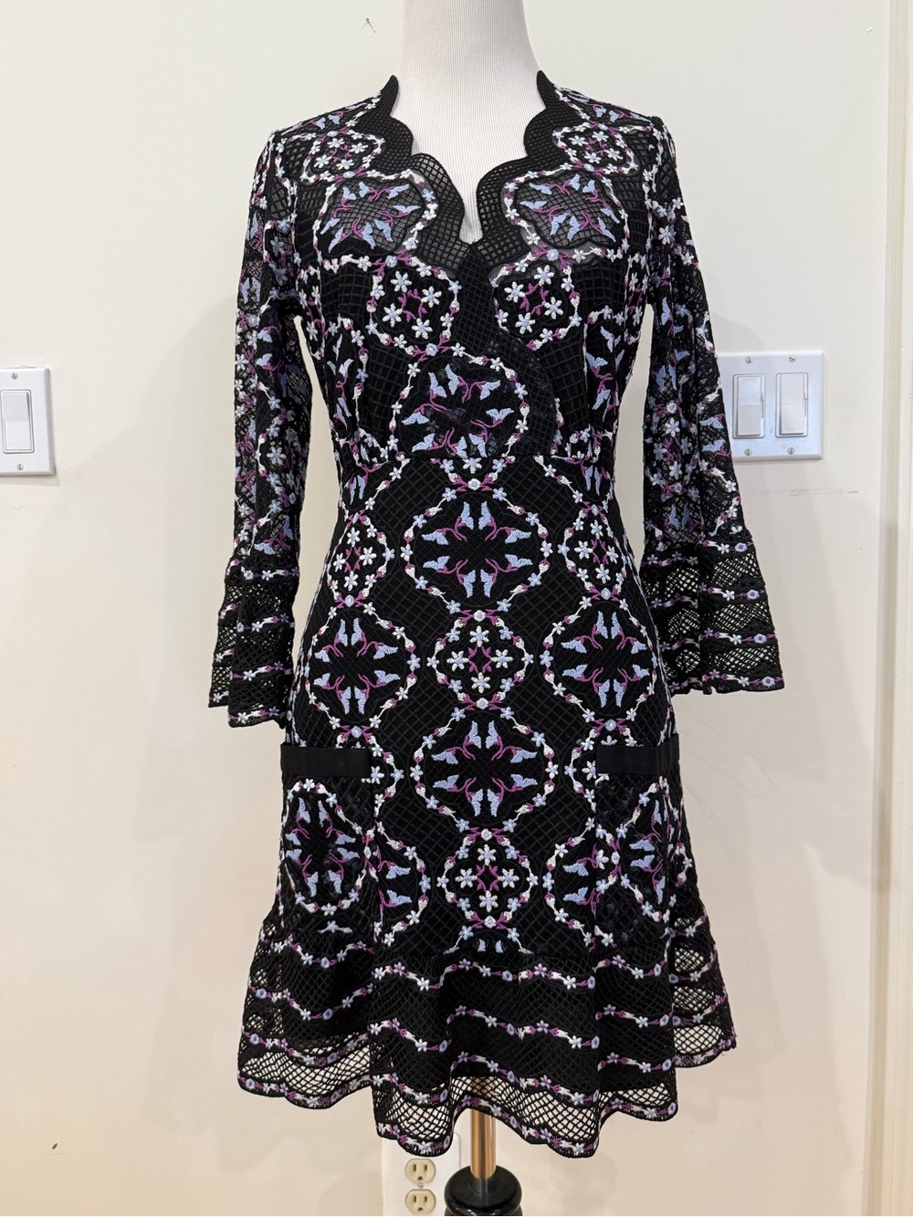 Sandro Black Floral Lace Fit-and-Flare Dress